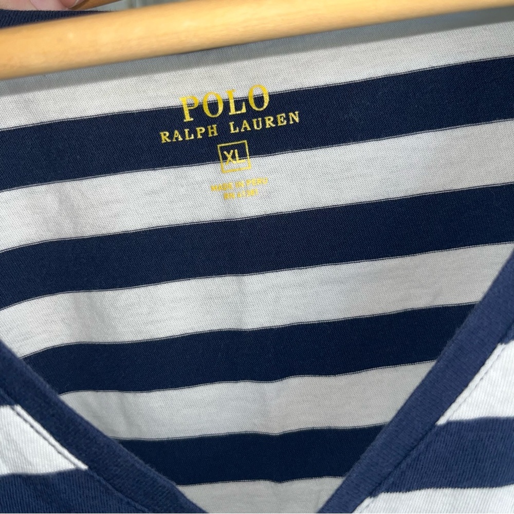 Polo Ralph Lauren Striped V Neck Tee XL Navy White Cotton Women Classic Logo - Picture 5 of 5
